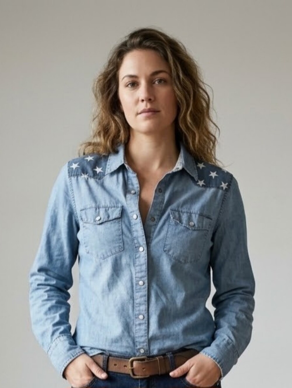 Commander Life Womens M Denim Pearl Snap Western Shirt Star Yoke Patriotic